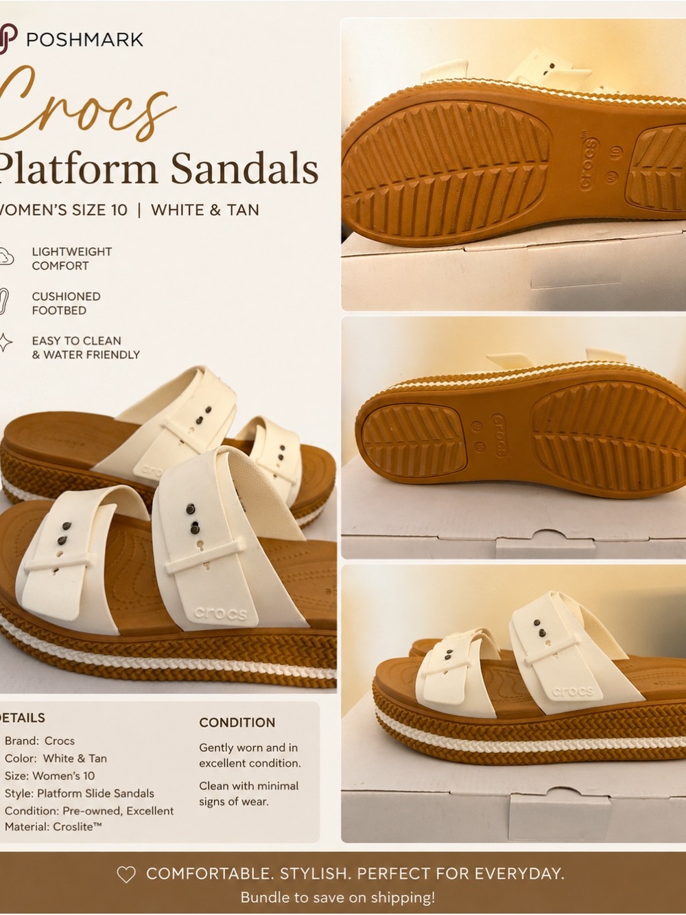 CROCS White and Tan Platform Slide Sandals